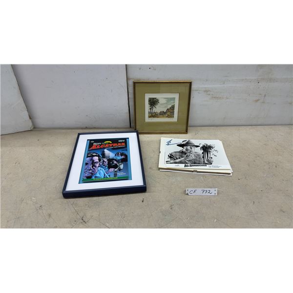 Framed Rural Landscape Picture, Al Simmons Pic, Framed Escape from Alcatraz Comic, Largest 14 x 11"