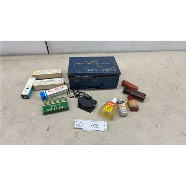 Vintage Military Medical Service Kit with Medications, Eye Shield, Insect Repellent, Cutter Blade