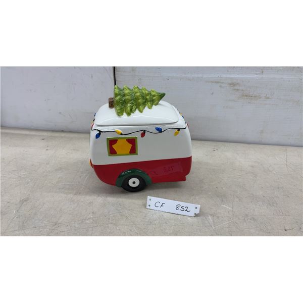 Christmas Camper Trailer Ceramic Cookie Jar with Tree Lid and String Lights