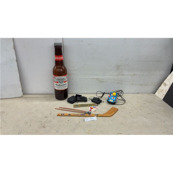Oversized Budweiser King of Beers Bottle Coin Bank, 2 Pairs Binoculars, and More
