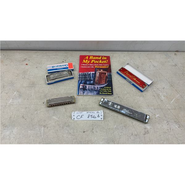 Hohner Bluesband, Parrot, Tower, and Chicago Blues Harmonicas with Instruction Book and More