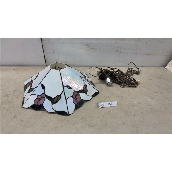 Stained Glass Style Pendant Lamp Shade with Pink Floral Design and Hanging Hardware.