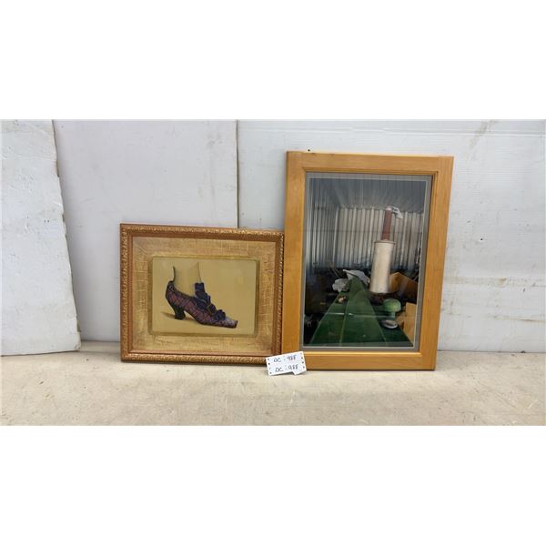 Framed Vintage Shoe Print in Ornate Gold Frame and Framed Industrial Photograph, Largest 24 x 18"