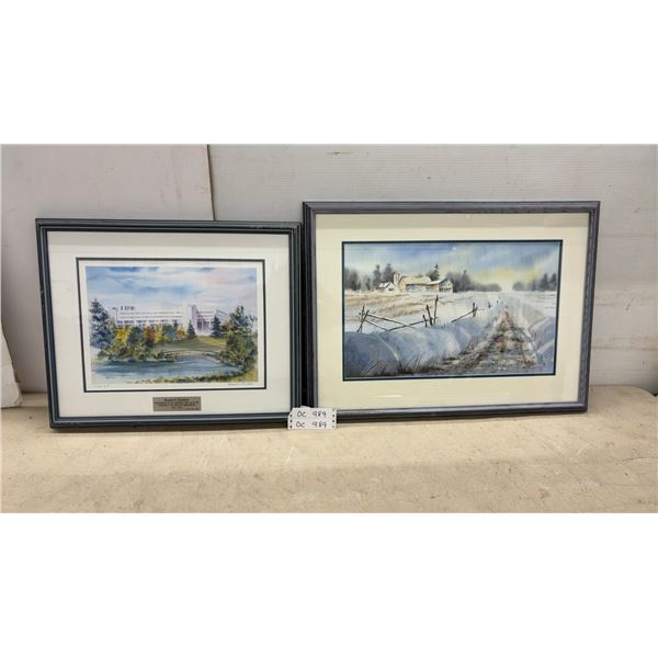 Robert Myers, Two Framed Watercolor Paintings, Campus Scene and Winter Farm, Largest 20 x 27