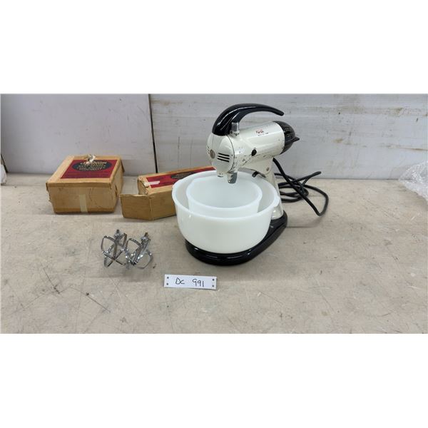 Sunbeam Mixmaster Model 12 Stand Mixer with Two Milk Glass Bowls, Beaters, and More