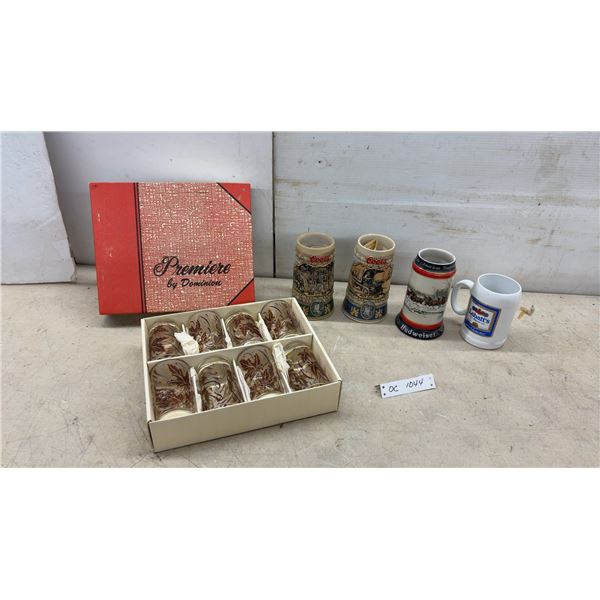 Premiere by Dominion 8-Piece Glass Set, Coors 1989 and 1990 Steins, Budweiser Stein, and More