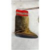 Image 5 : Pair of Traditional Sami Reindeer Hide Fur Boots with Woven Cuffs and Tassels.
