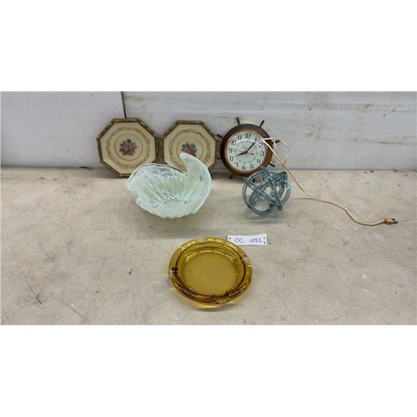 Framed Floral Needlepoint Pair, Vintage Electric Clock, Art Glass Sculpture and More
