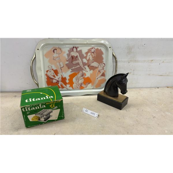 Vintage Pin-Up Swimsuit Serving Tray, Titania Exclusius 150 Pasta Machine, Horse Head Sculpture