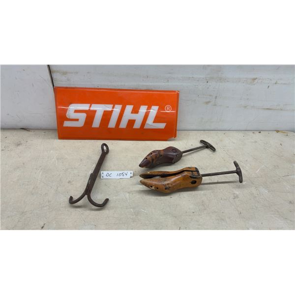 Vintage Adjustable Wooden Shoe Stretchers, Cast Iron Double Hook, and Stihl Sign Has Damage