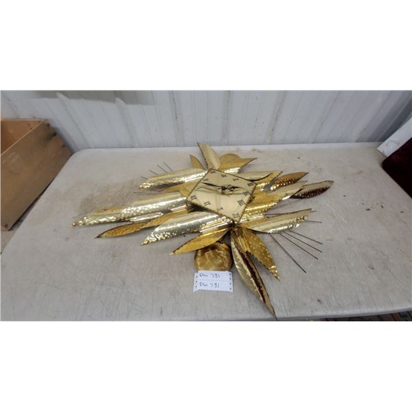 Mid-Century Modern Hammered Gold-Tone Metal Sunburst Wall Clock with Roman Numerals 31 x 41"