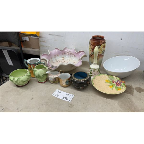 Cloisonné Enamel Floral Pot, Majolica Plate, Green Cream and Sugar Set, and More