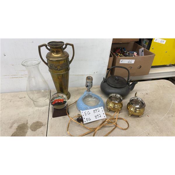 Glass Hurricane Chimney, Brass Urn Vase, Teapot, Snow Globe, and More