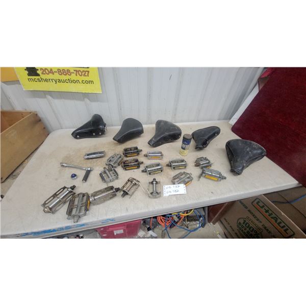 Vintage Bicycle Saddles, Metal Cage Pedals with Reflectors, Tire Repair Kit, and More
