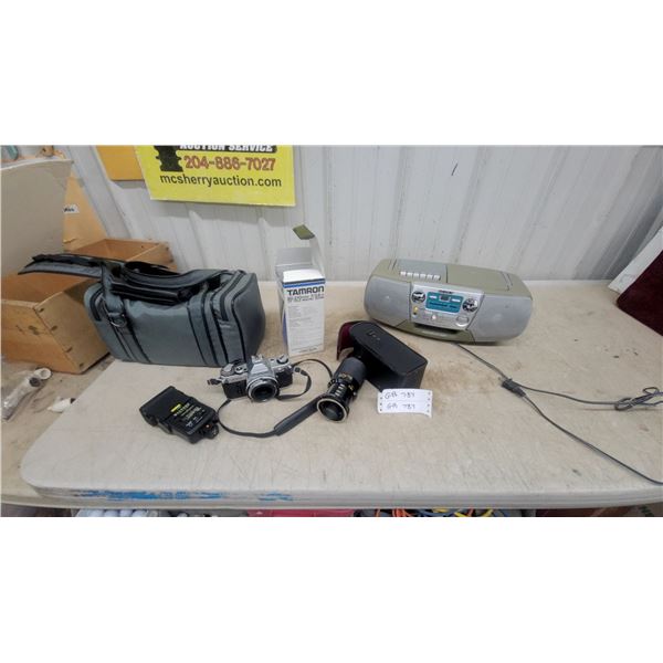 Sony CFD-S01 CD Radio Cassette-Corder Boombox with Camera, Tamron Lens, and More
