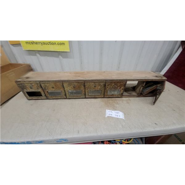 Antique Post Office Box Unit with Five Metal Compartments and Wooden Frame Project