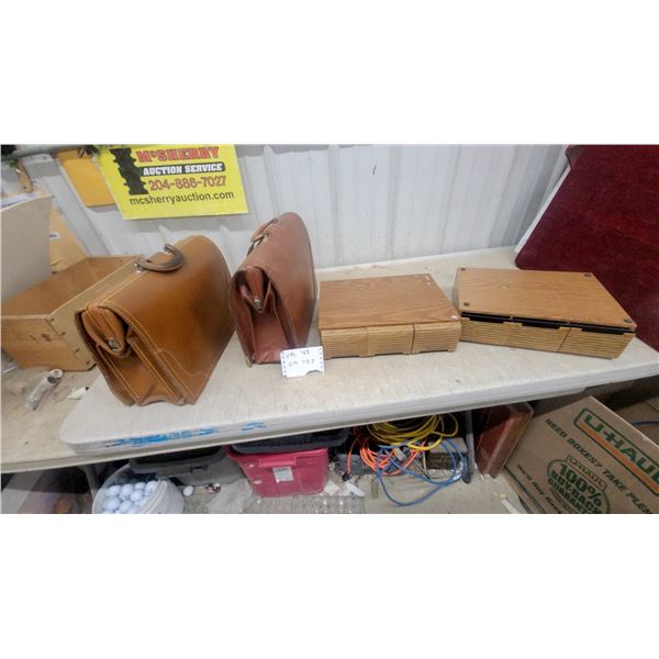 Two Vintage Brown Leather Briefcases and Two Wooden Media Tape Storage Boxes