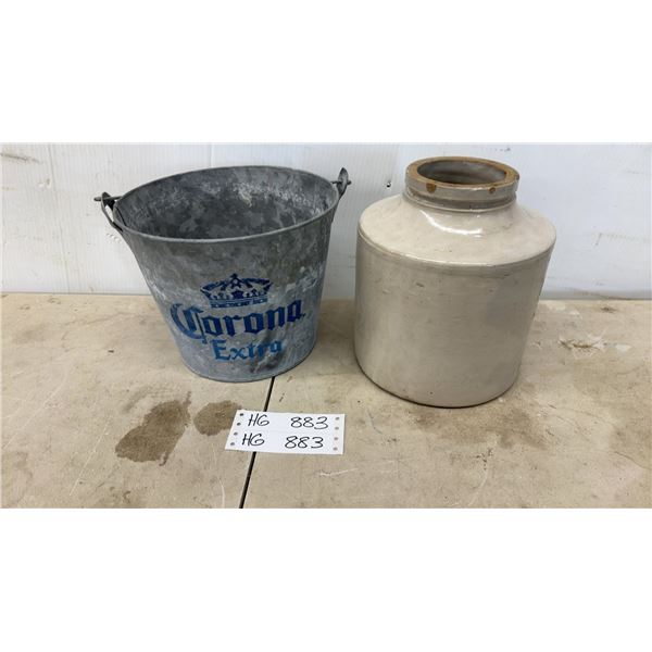 Corona Extra Galvanized Metal Ice Bucket and Red Wing Stoneware Crock