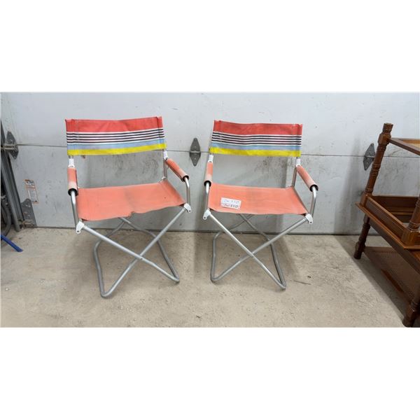 Pair of Vintage Aluminum Folding Director's Chairs with Striped Canvas Backs