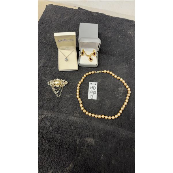 2 Boxed Necklaces - Silver Box Matching Set of Earrings, (Faux) Pearl Necklace, (Faux) Pearl Pin