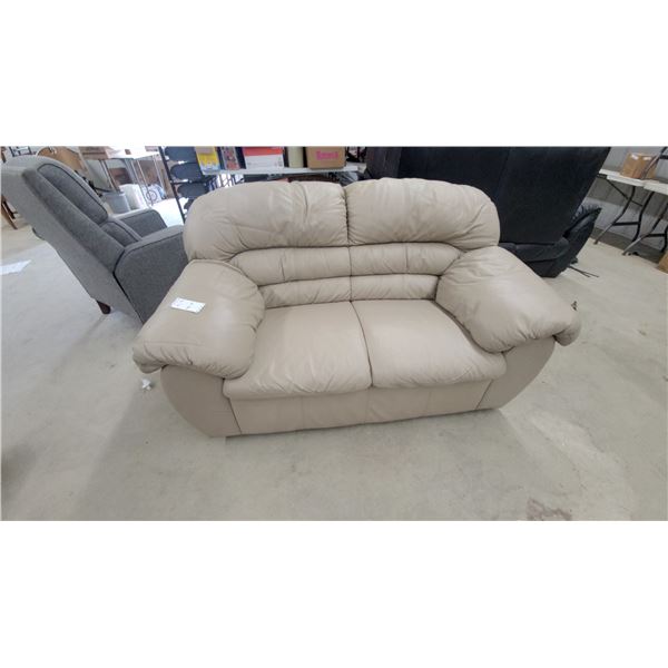 Beige Leather Three-Seat Sofa with Pillow-Top Back and Rounded Armrests 57" Wide