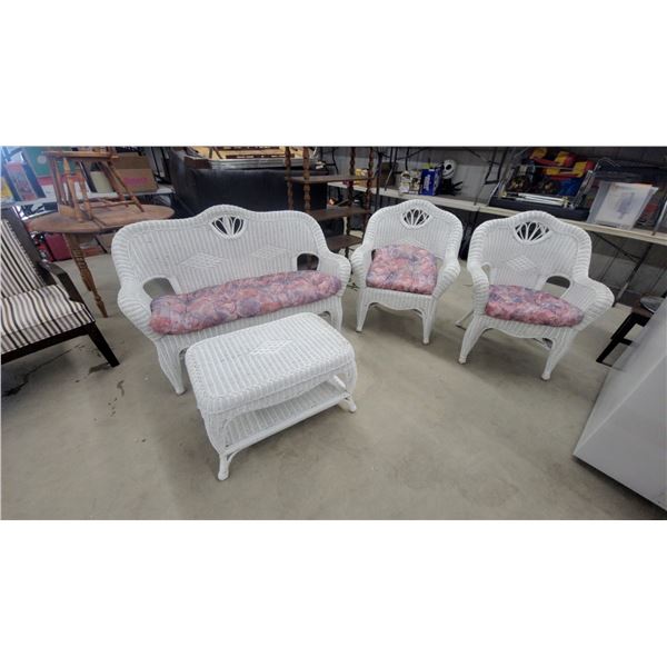 White Wicker Patio Set with Loveseat, Two Armchairs, Ottoman, and Cushions