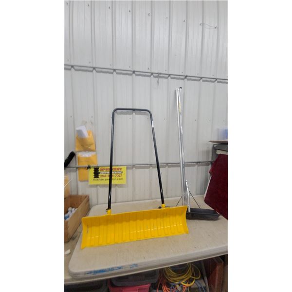 Yellow Snow Pusher with U-Shaped Steel Handle and Black Snow Shovel with Aluminum Handle