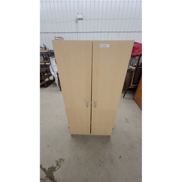 Light Wood-Tone Two-Door Storage Cabinet with Silver Handles and Three Interior Shelves