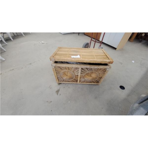 Two-Compartment Woven Rattan Storage Chest with Sunburst Pattern and Bedding