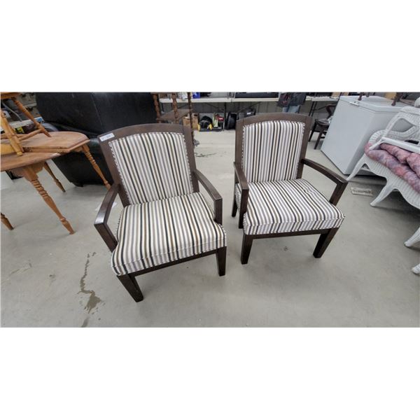 Pair of Dark Wood Armchairs with Striped Upholstery and Nailhead Trim