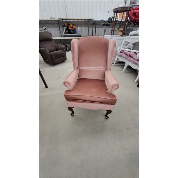 Rose Pink Velvet Upholstered Wingback Armchair with Queen Anne Cabriole Legs
