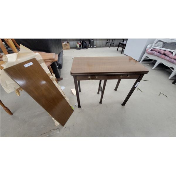 Wooden Drop-Leaf Table with Fluted Legs and Brass Bail Pull Drawers