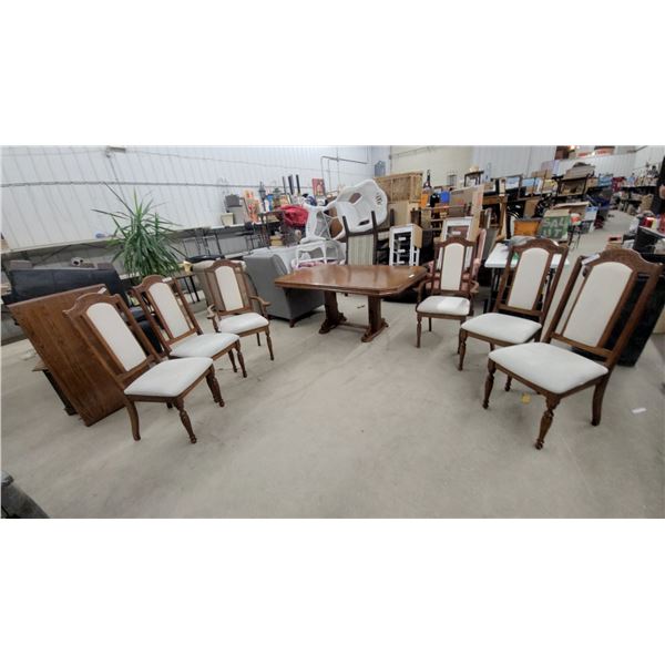 Oak Double-Pedestal Dining Table with Six Upholstered Chairs 30 x 66 x 41" plus 24" Leaf