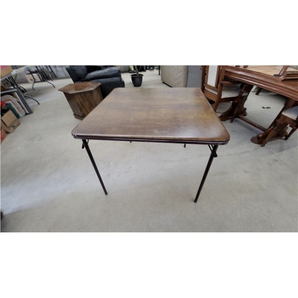 Square Folding Card Table with Laminate Wood-Grain Top and Dark Metal Legs