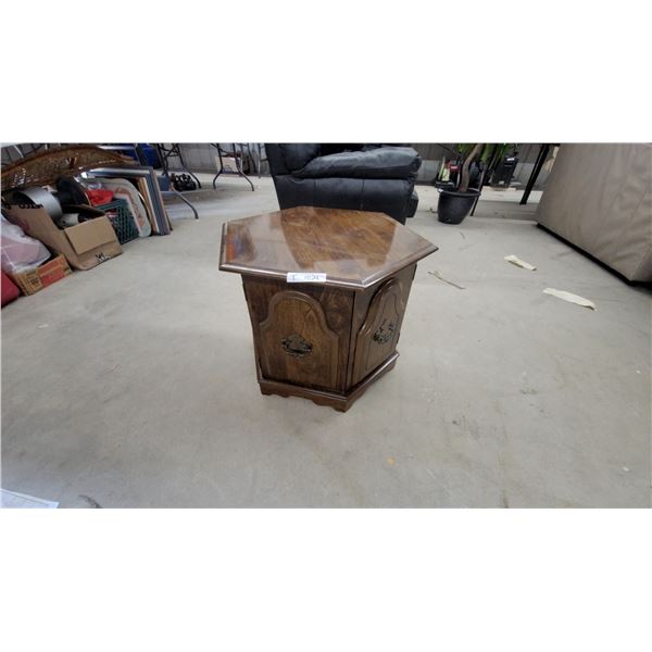Hexagonal Dark Wood End Table with Storage Drawers and Ornate Metal Hardware