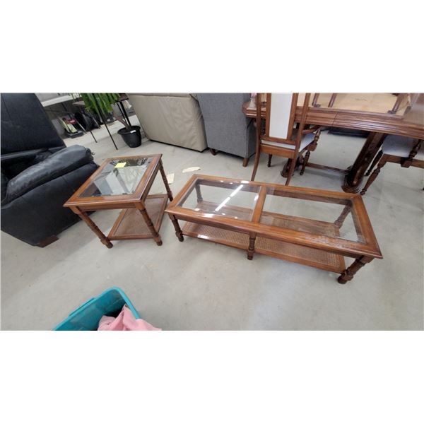 Wooden Coffee Table 15 x 50 x 21" and End Table Set 21 x 21 x 27" with Glass Tops and Cane Lower