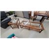 Image 1 : Wooden Coffee Table 15 x 50 x 21" and End Table Set 21 x 21 x 27" with Glass Tops and Cane Lower