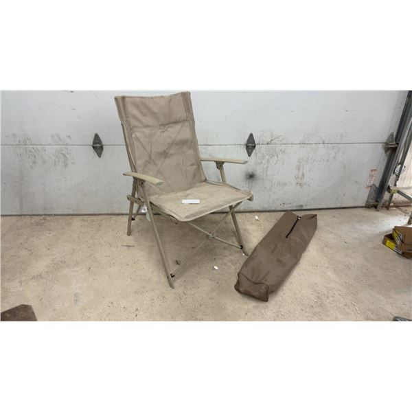 Tan High-Back Folding Camping Chair with Mesh Fabric, Armrests, and Carrying Bag