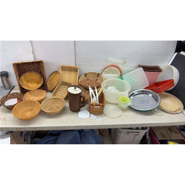 Assorted Woven Wicker Baskets, Plastic Pitcher, Tupperware Containers, and More