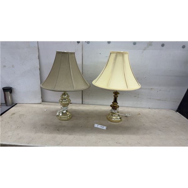 Two Brass-Tone Turned Metal Table Lamps with Bell-Shaped Fabric Shades