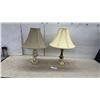 Image 1 : Two Brass-Tone Turned Metal Table Lamps with Bell-Shaped Fabric Shades