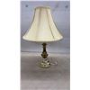 Image 2 : Two Brass-Tone Turned Metal Table Lamps with Bell-Shaped Fabric Shades
