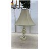 Image 4 : Two Brass-Tone Turned Metal Table Lamps with Bell-Shaped Fabric Shades