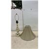 Image 5 : Two Brass-Tone Turned Metal Table Lamps with Bell-Shaped Fabric Shades