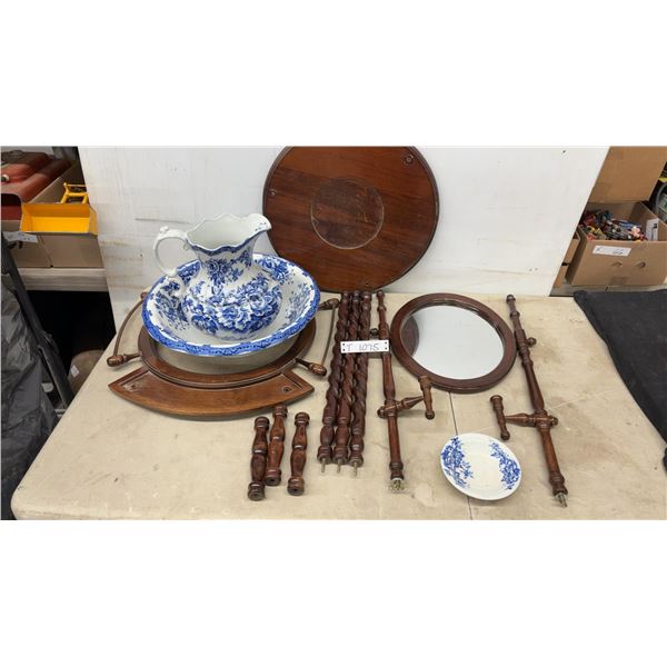 Victorian Blue and White Wash Set with Wooden Washstand and Mirror- Disassembled