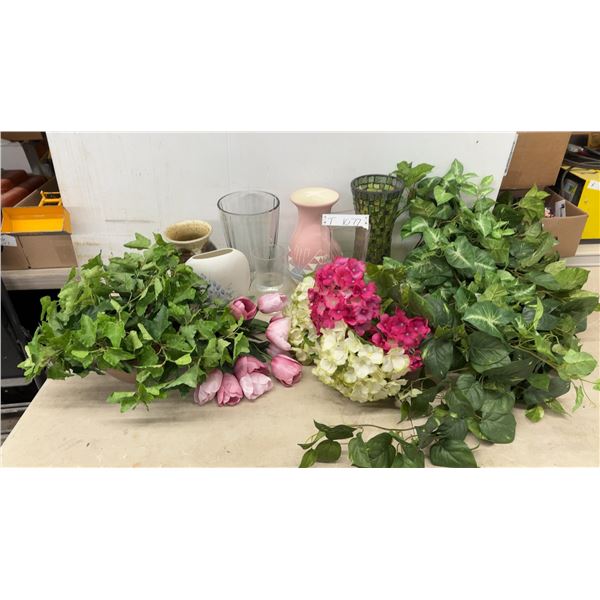 Collection of Decorative Vases with Artificial Flowers and Greenery