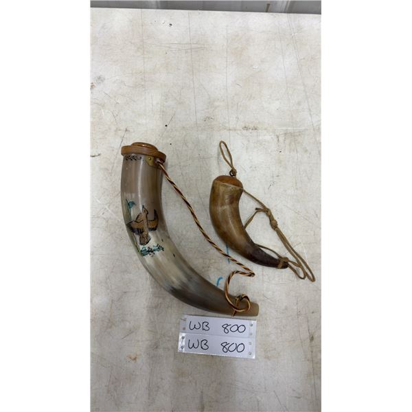 Vintage Pair of Gun Powder Horn Flasks with Larger Horn Featuring a Scrimshaw Style Decoration