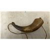Image 6 : Vintage Pair of Gun Powder Horn Flasks with Larger Horn Featuring a Scrimshaw Style Decoration