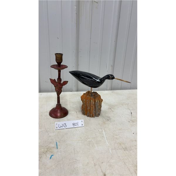 Vintage 10" Tall Brass Winged Angel Candlestick Holder and Hand-Carved Wooden Bird Sculpture