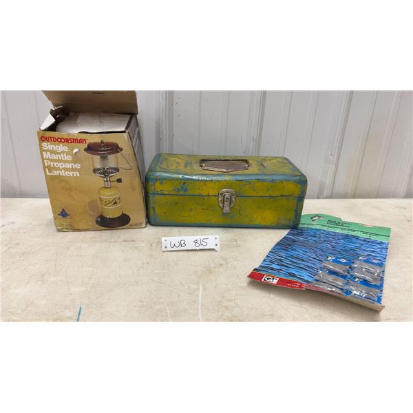 Vintage Sears Outdoors Propane Lantern & Old Fishing Tackle Box with Lures